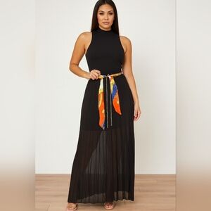 Ya Los Angeles Black Silk Blend Sheer Pleated Multicolored Belt Skirt